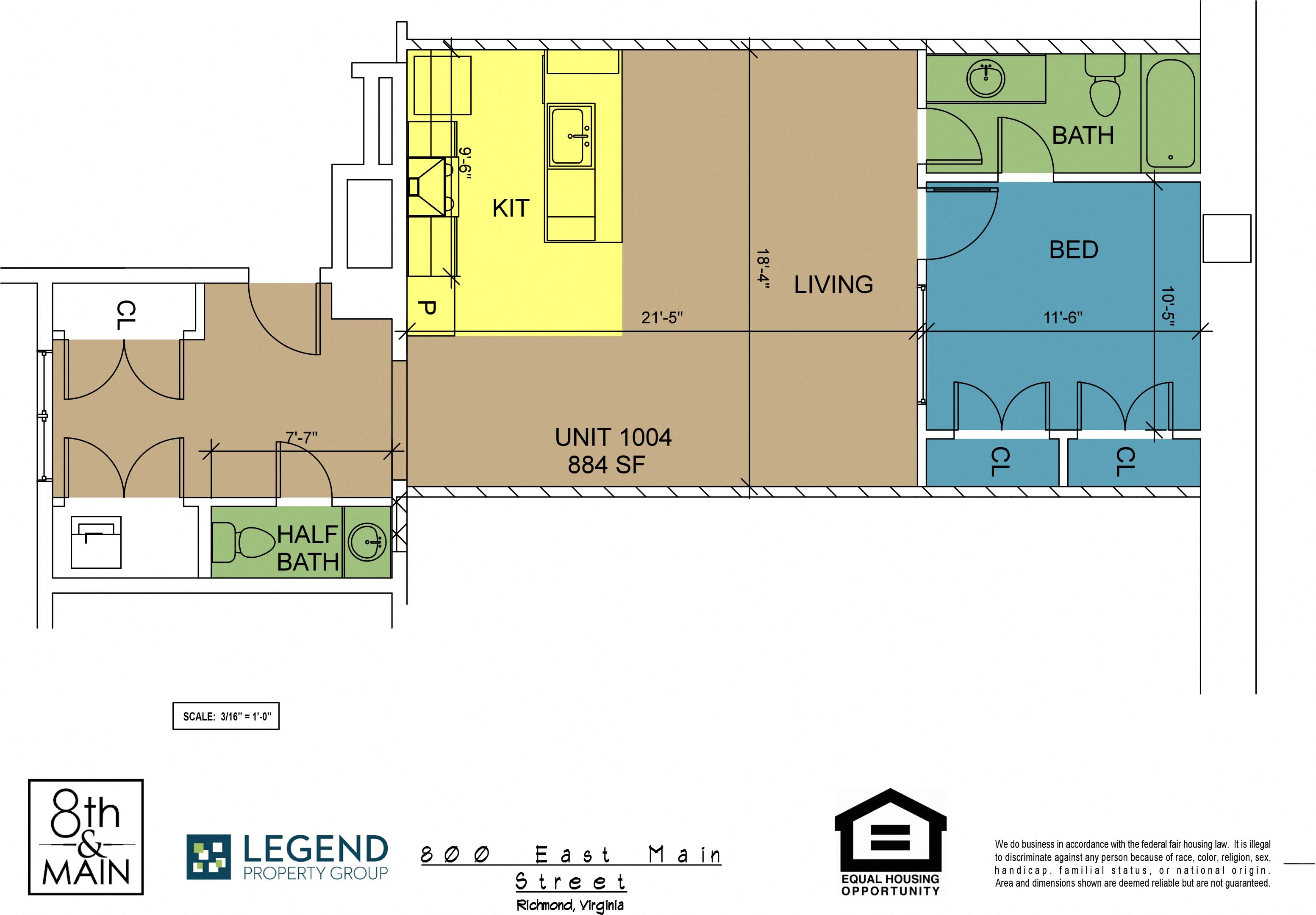 Floor plan for 1 bed, 1 bath, 884 sqft